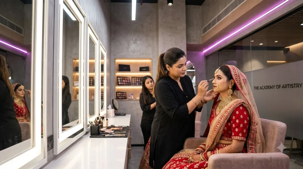 Student practicing traditional Indian bridal and HD makeup techniques on a model.