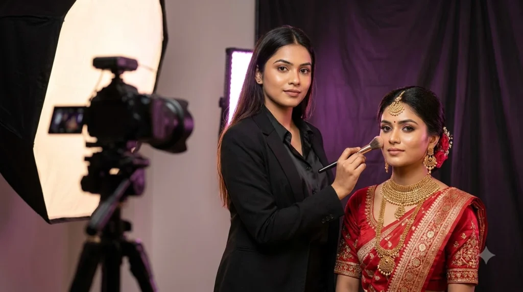 Student styling a model for a professional makeup portfolio photoshoot.