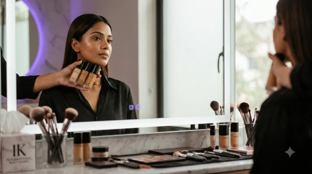Cosmetic brush set and foundation palettes for beginner makeup fundamentals training.