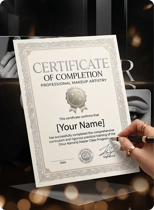 A student holding their official Advance Makeup Artistry certificate of completion from IK International Academy Aligarh after finishing their HD and airbrush training.