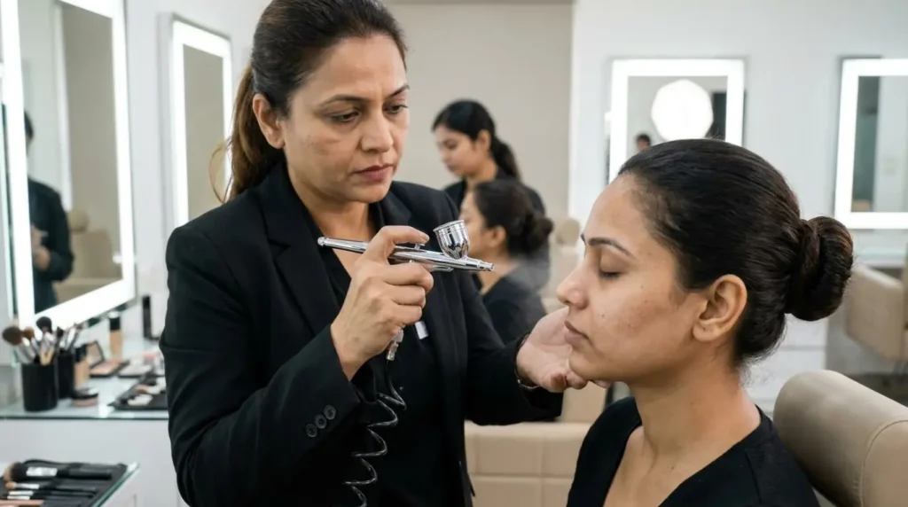 A student using a professional airbrush gun on a model at the leading makeup academy in Aligarh.