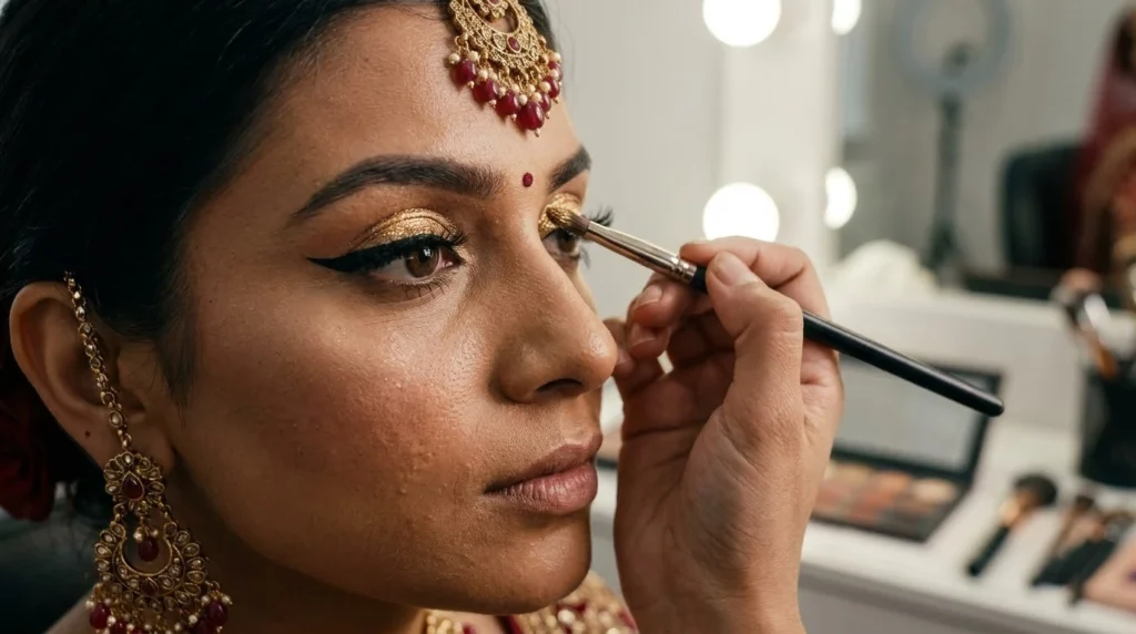 Students practicing heavy traditional bridal eye makeup during hands-on makeup classes in Aligarh.