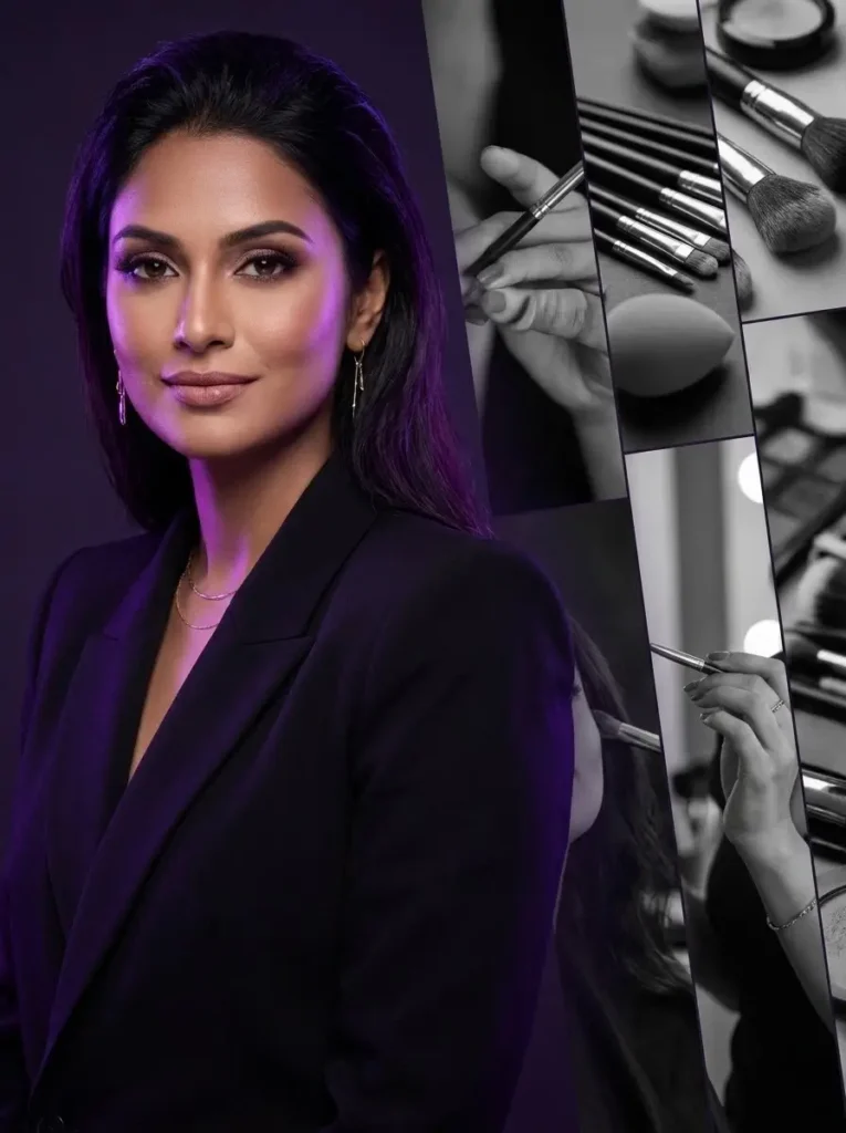 A certified professional artist holding makeup brushes in a luxury studio setting during a makeup course for beginners at IK International Academy.