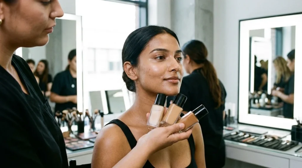 A student learning foundation shade matching in our comprehensive makeup course for beginners.