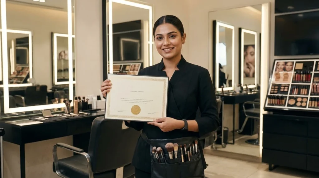 A proud graduate holding her official diploma after completing a makeup course with certificate.