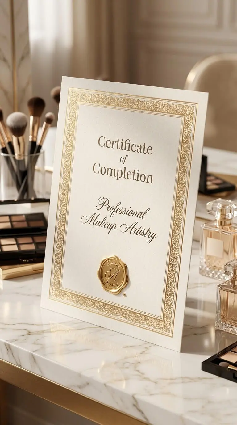 A luxury framed diploma awarded after completing the comprehensive makeup course with certificate at IK International Academy in Aligarh.
